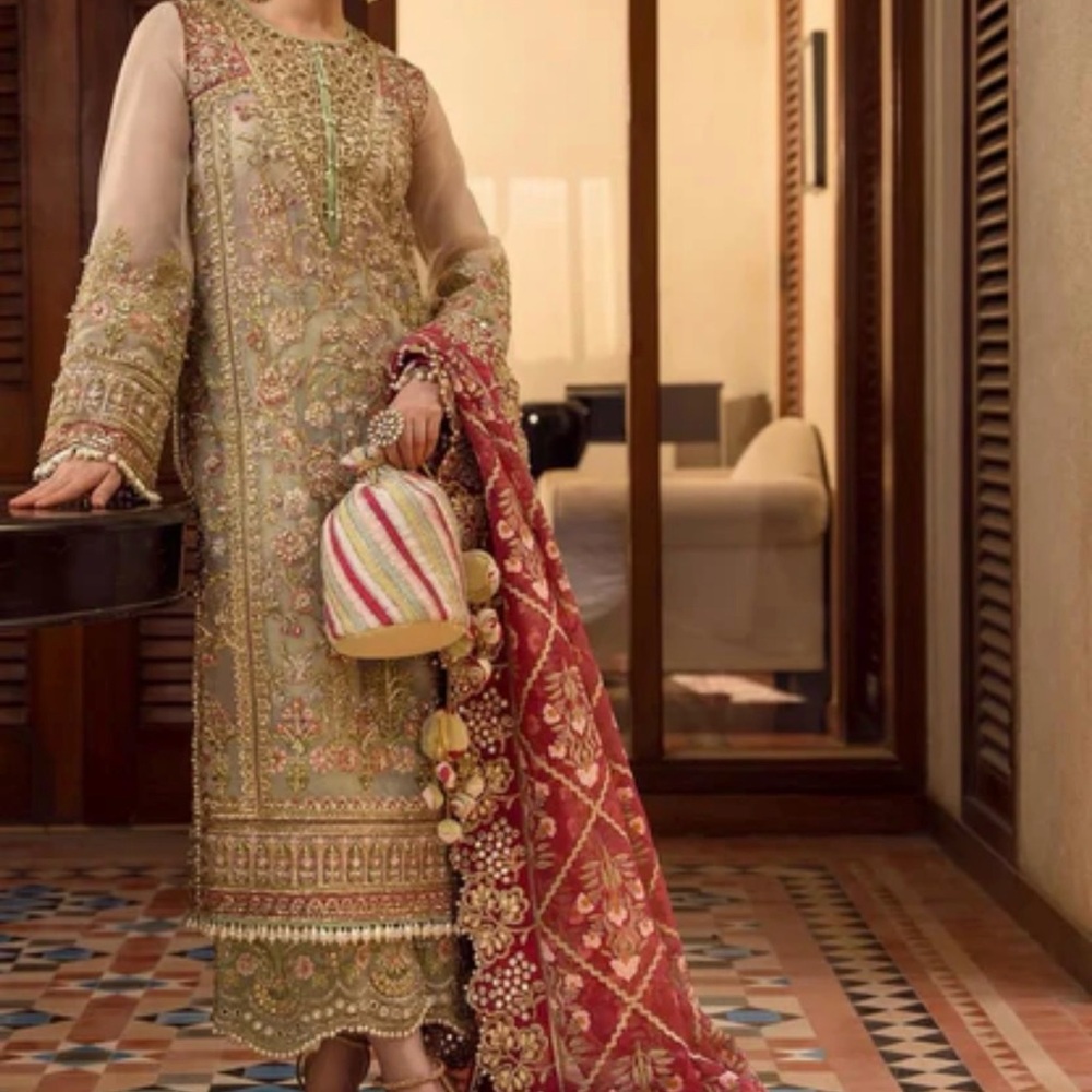 Elegant Embroidered Long Sleeve Green and Red - Pakistani Indian outfit